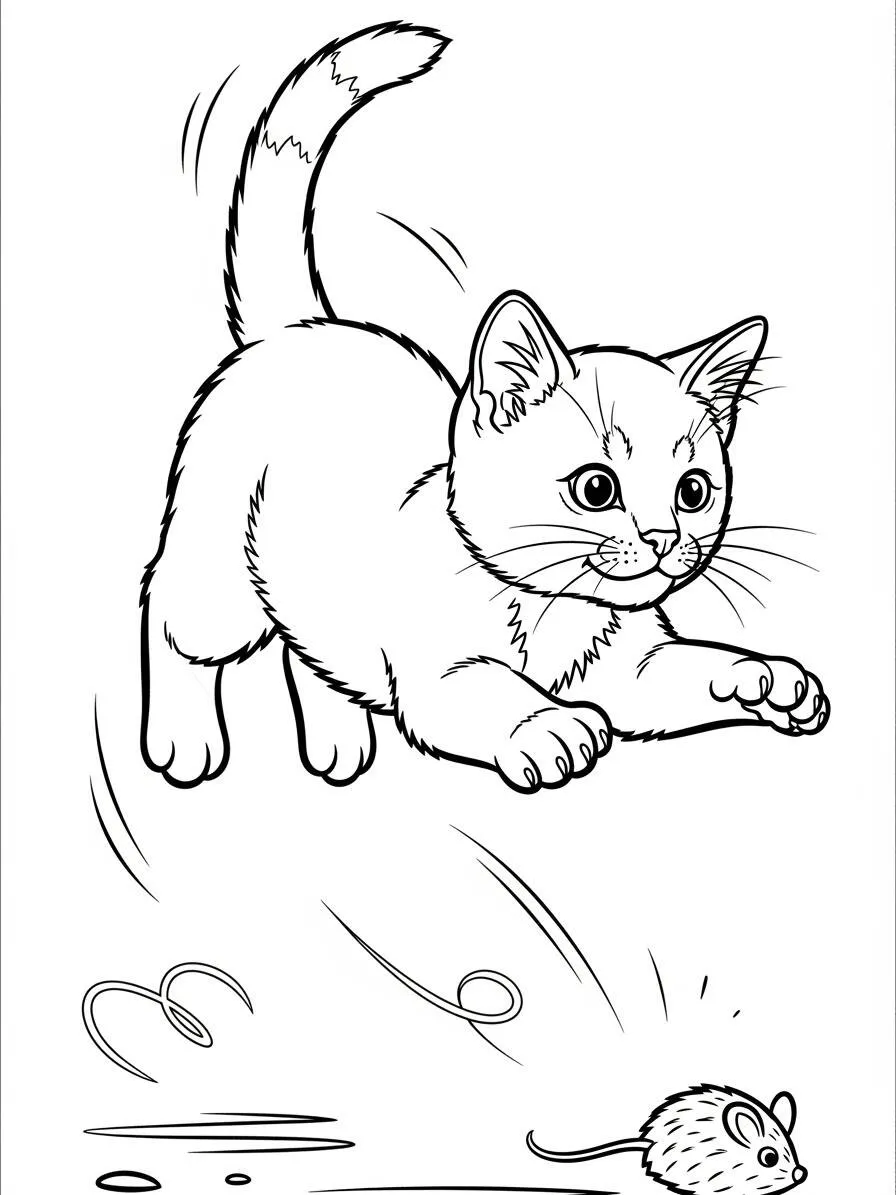 Página para colorear de gato jugando con el ratón