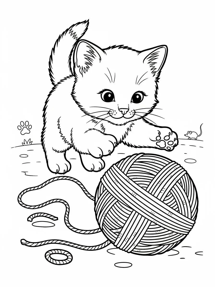 Gato jugando con una pelota para colorear