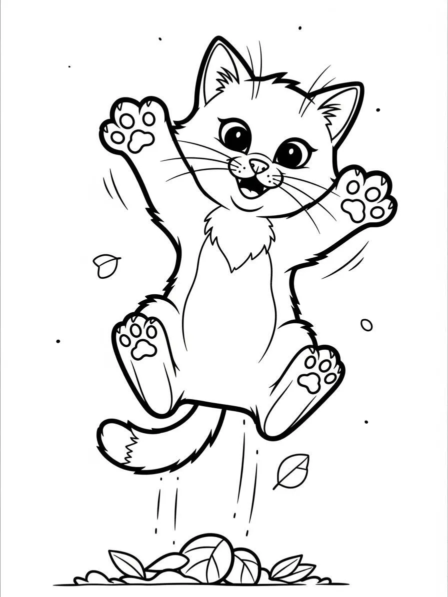 Gato jugando entre hojas Página para colorear