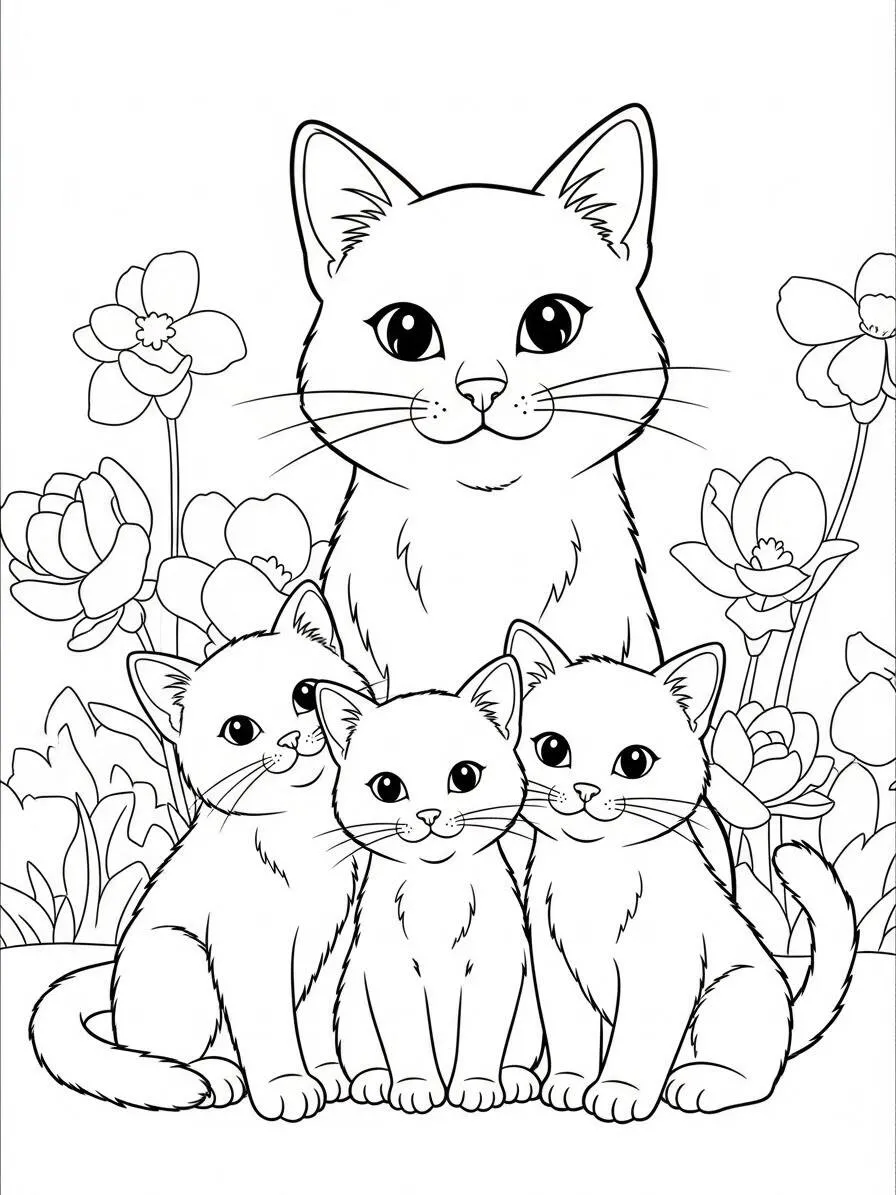 Desenho de Gatinha Fofa com Filhotes para Colorir