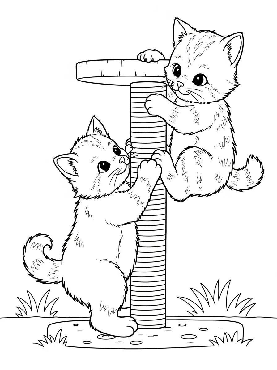 Desenho de Gatinha Brincando no Arranhador para Colorir