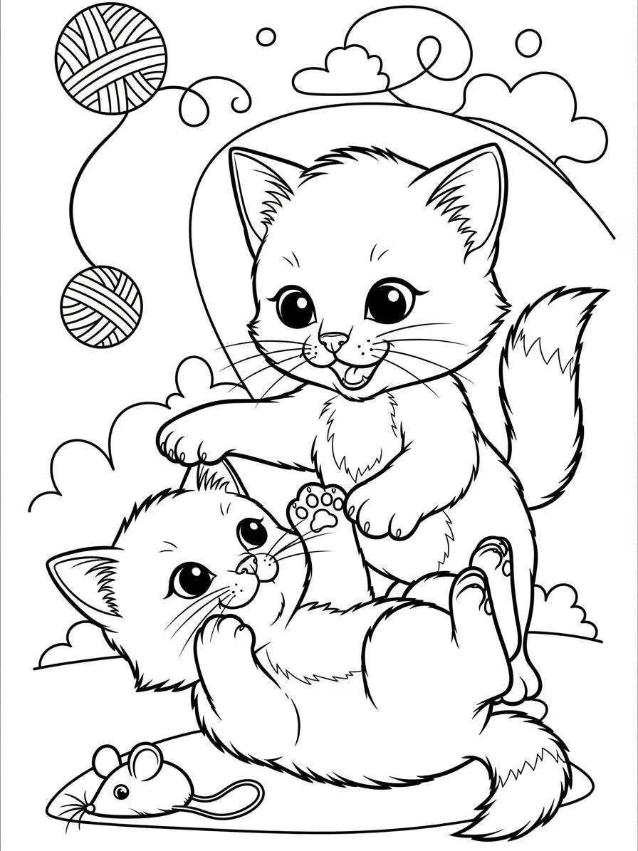 Desenho de Gatinha Brincando com Novelo para Colorir