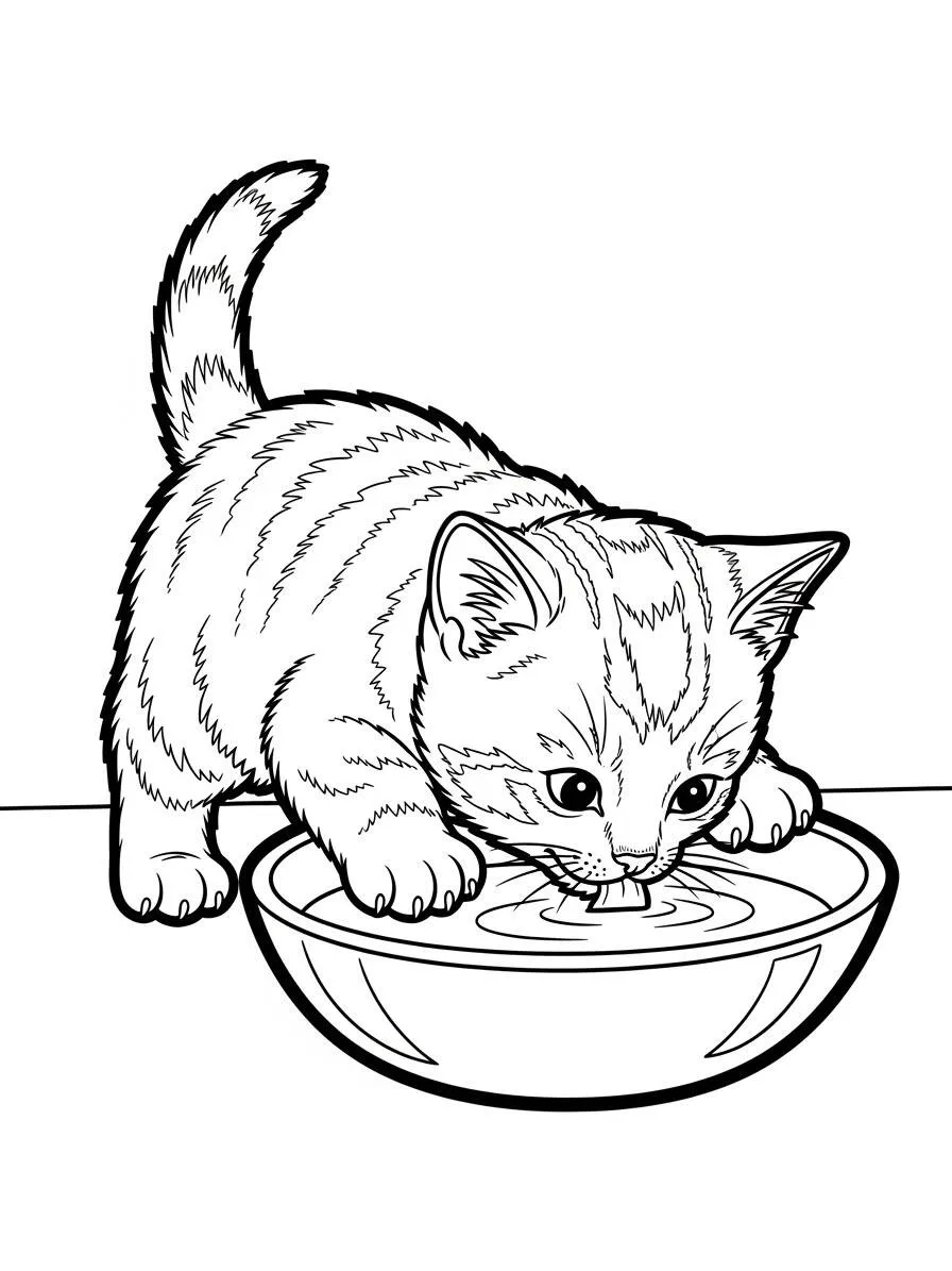 Gato Bebiendo Agua Dibujo para colorear