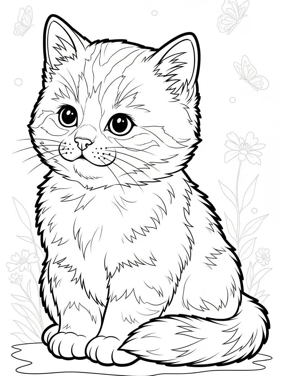 Desenho de Gatinha Fofa para Colorir com Flores