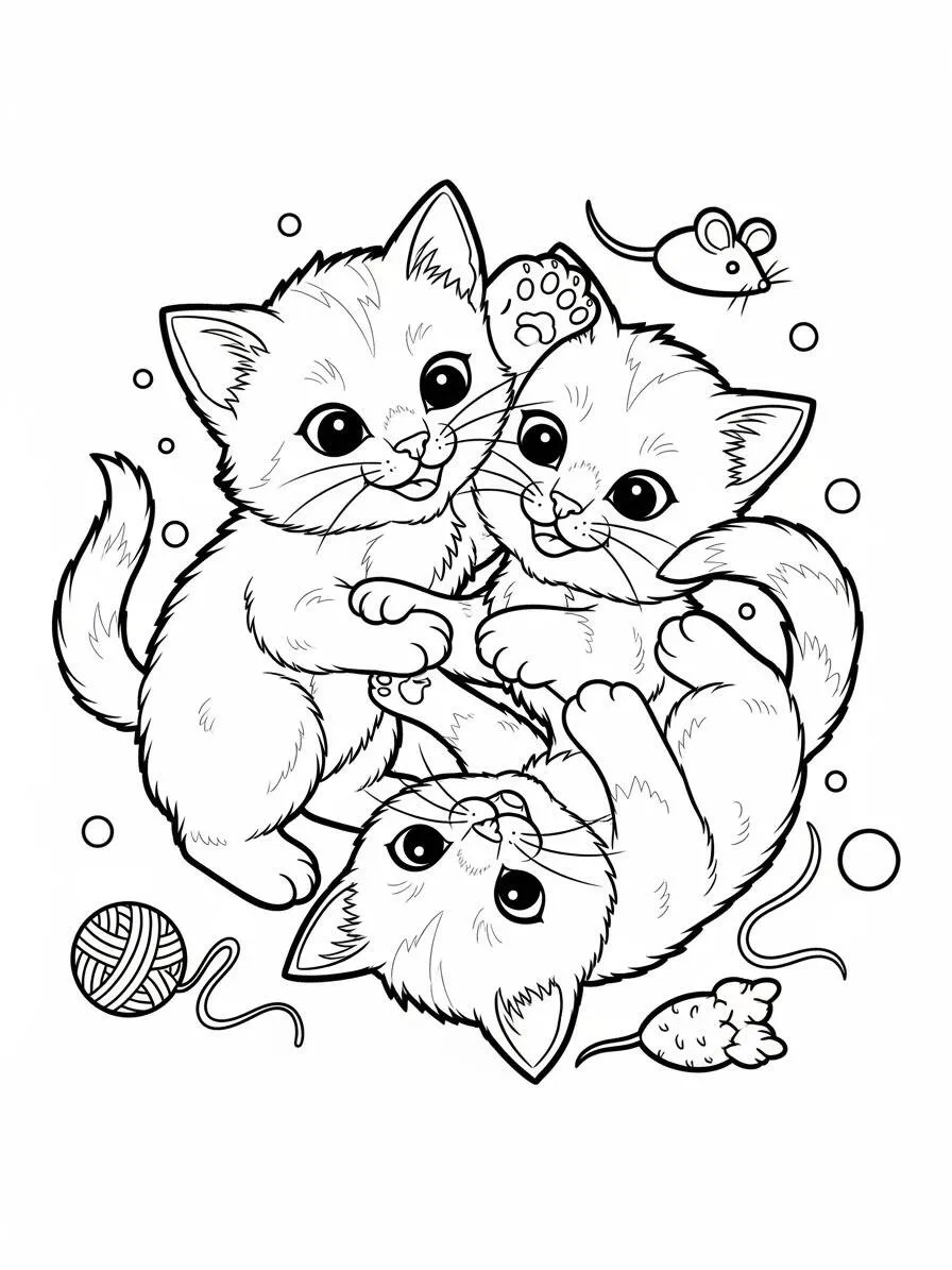 Desenho de Gatinha Brincando com Amigos para Colorir