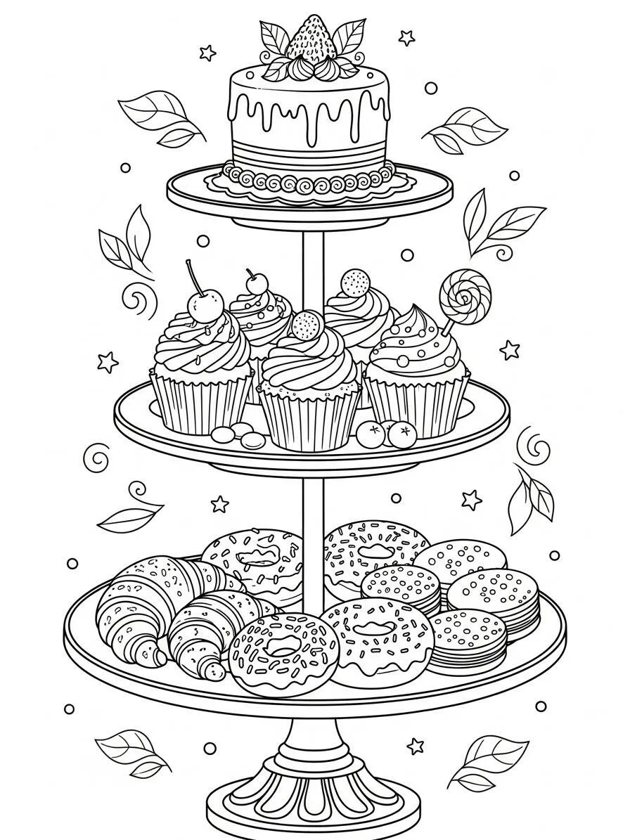 Desenho de Bolo e Doces para Colorir