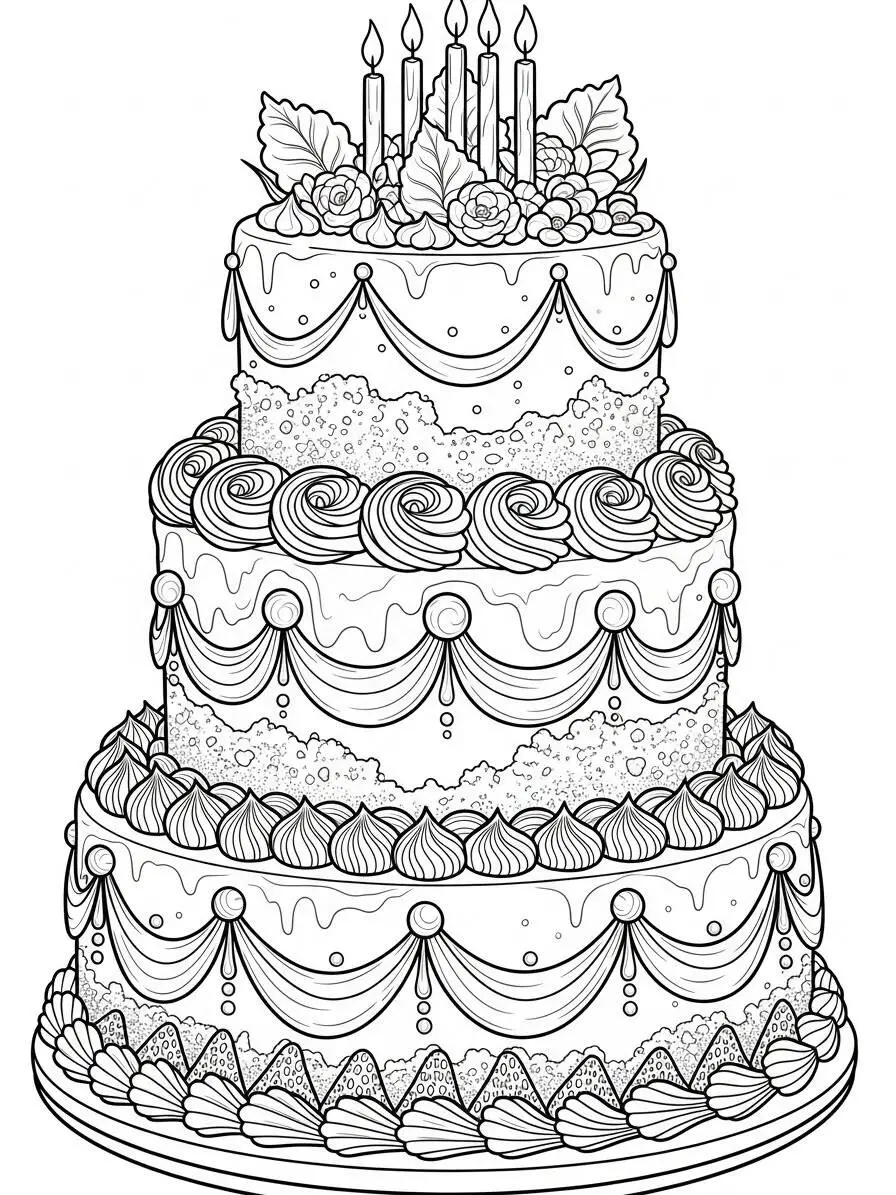Desenho de Bolo de Aniversário Decorado para Colorir