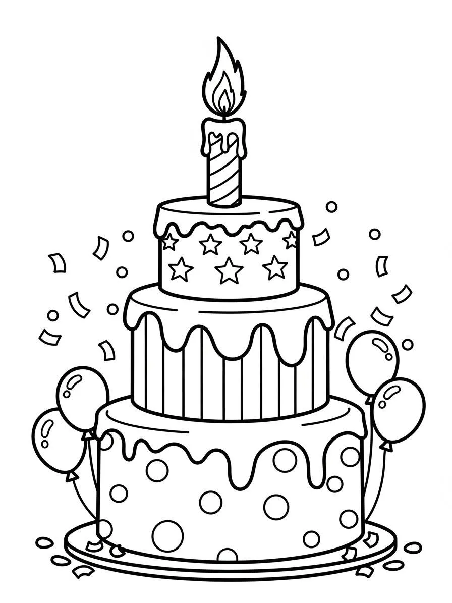 Página para colorear de pastel de cumpleaños divertido