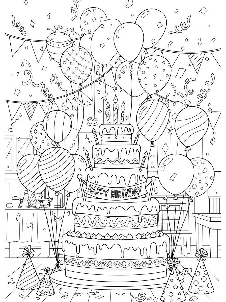 Pastel de cumpleaños con globos Página para colorear