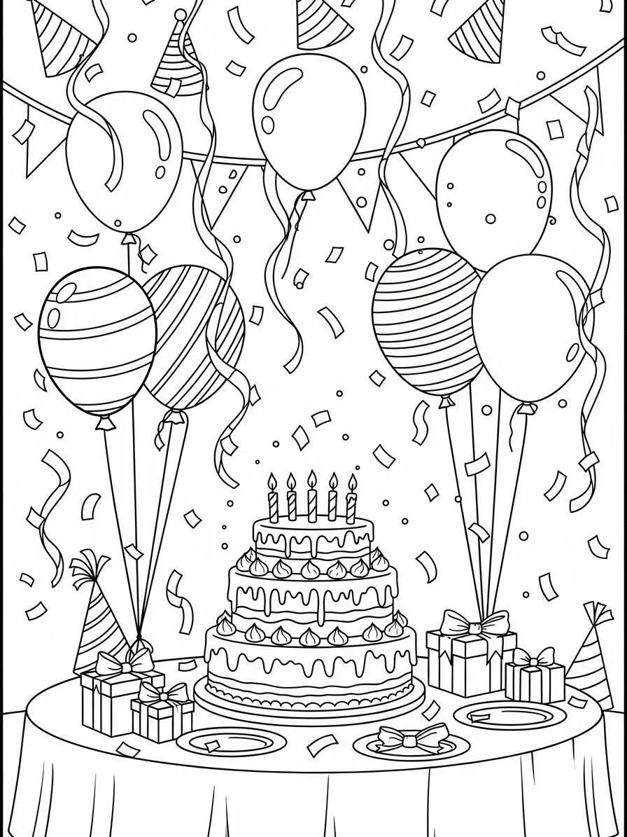 Pastel de cumpleaños con globos Página para colorear