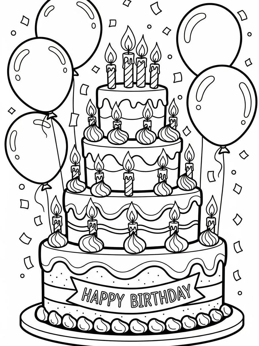 Página para colorear de pastel de cumpleaños con globos