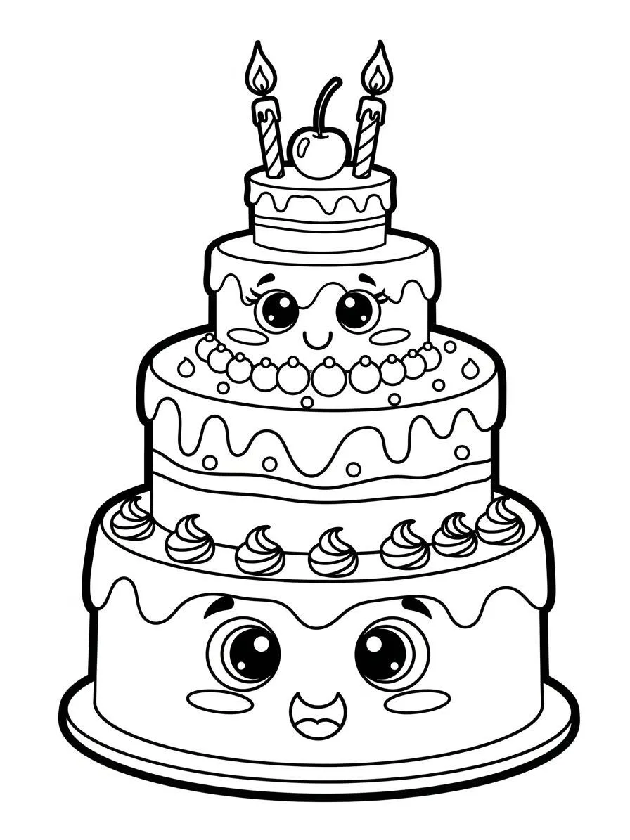 Desenho de Bolo de Aniversário Kawaii para Colorir