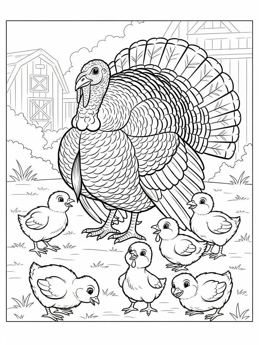 Desenho de Peru com Pintinhos para Colorir