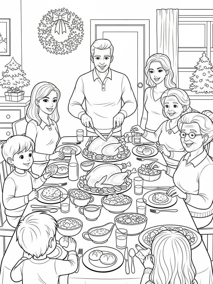 Desenho de Peru na Ceia de Natal para Colorir