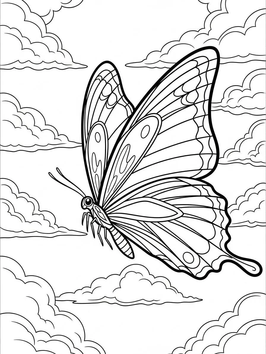Desenho de Borboleta nas Nuvens para Colorir