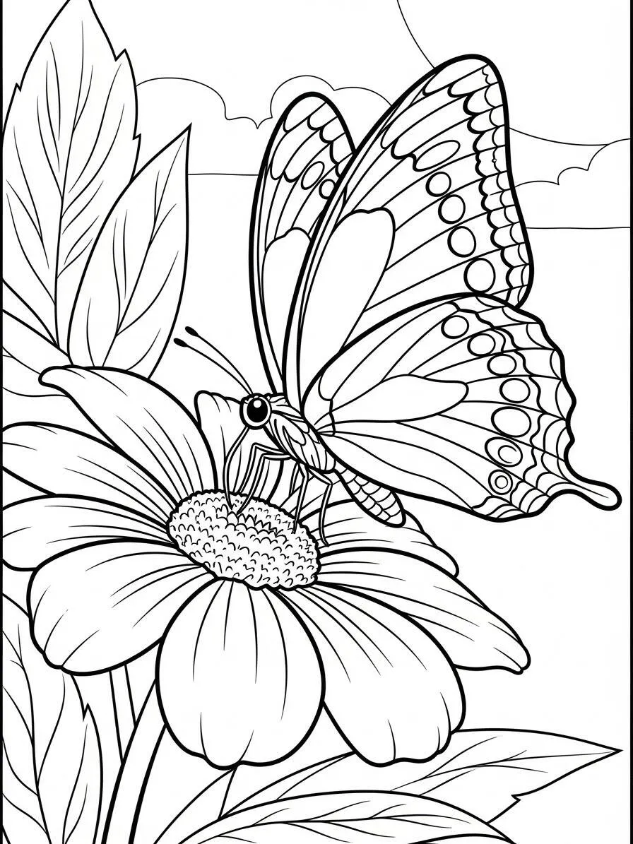 Desenho de Borboleta Colorindo na Flor para Crianças