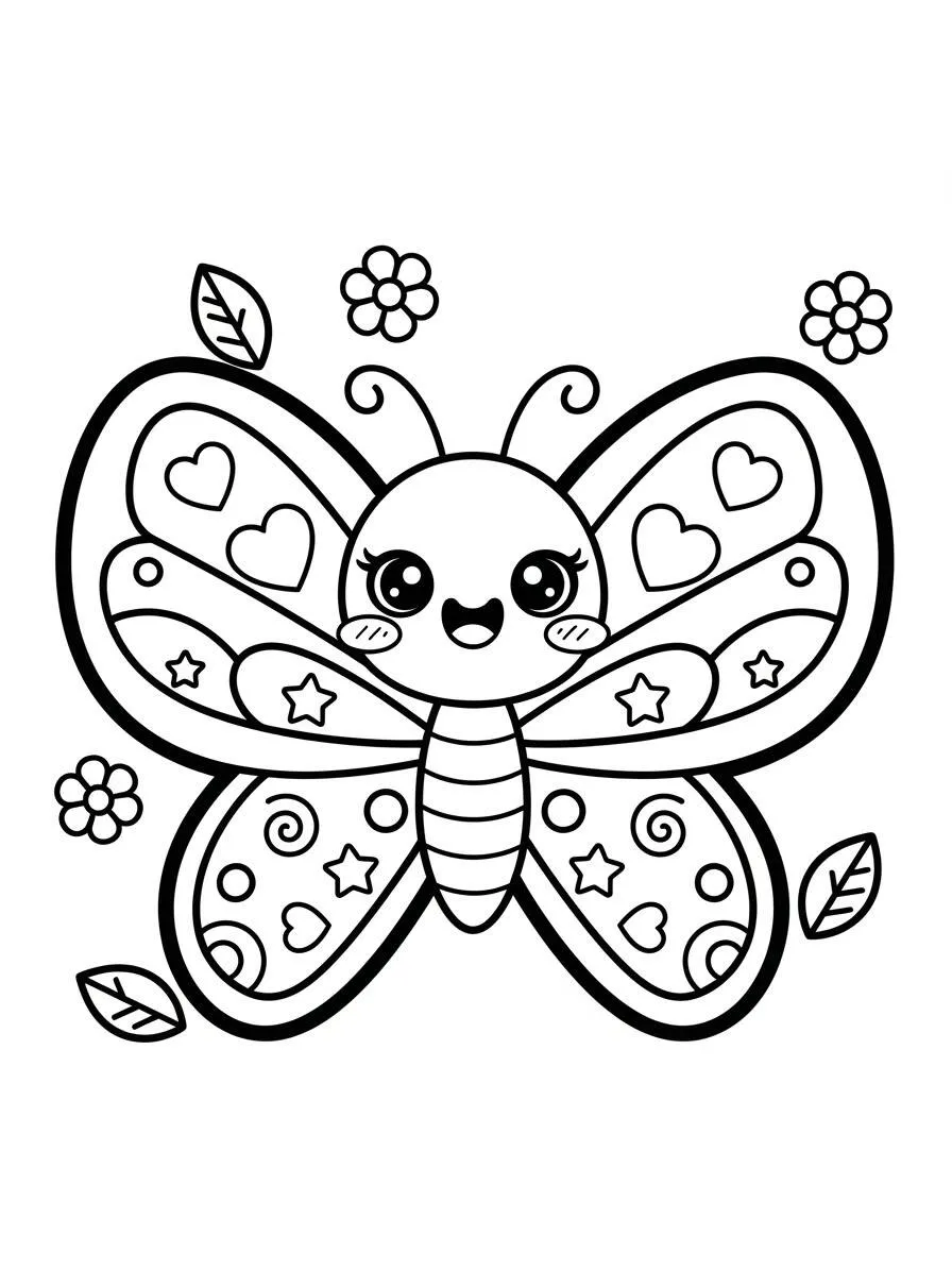 Desenho de Borboleta Kawaii para Colorir com Corações e Estrelas