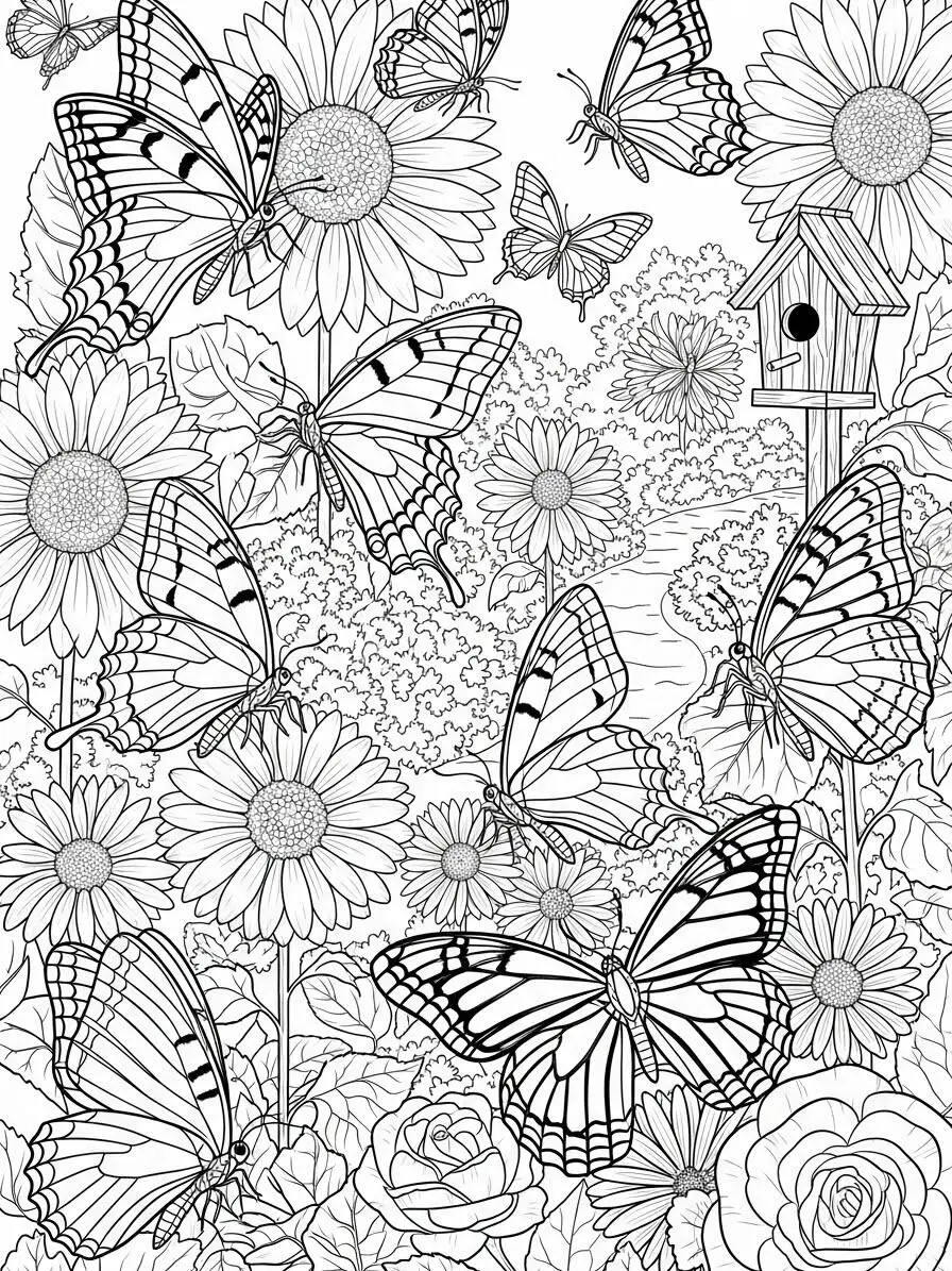 Desenho de Borboleta Colorida entre Flores para Colorir