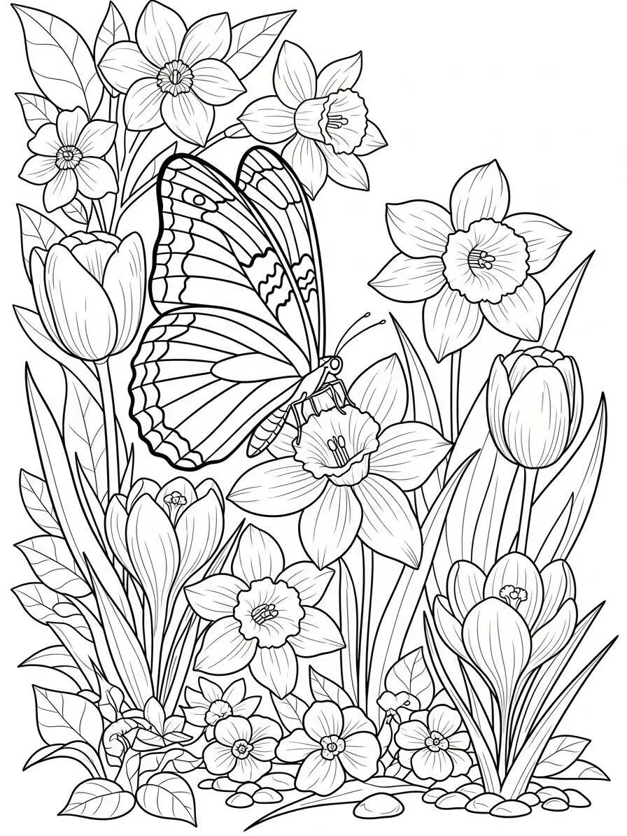 Desenho de Borboleta em Jardim para Colorir