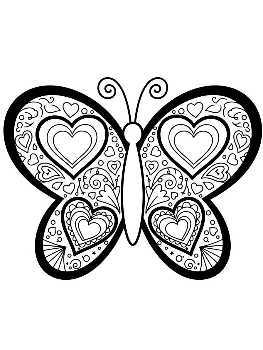 Desenho de Borboleta Decorada com Corações para Colorir