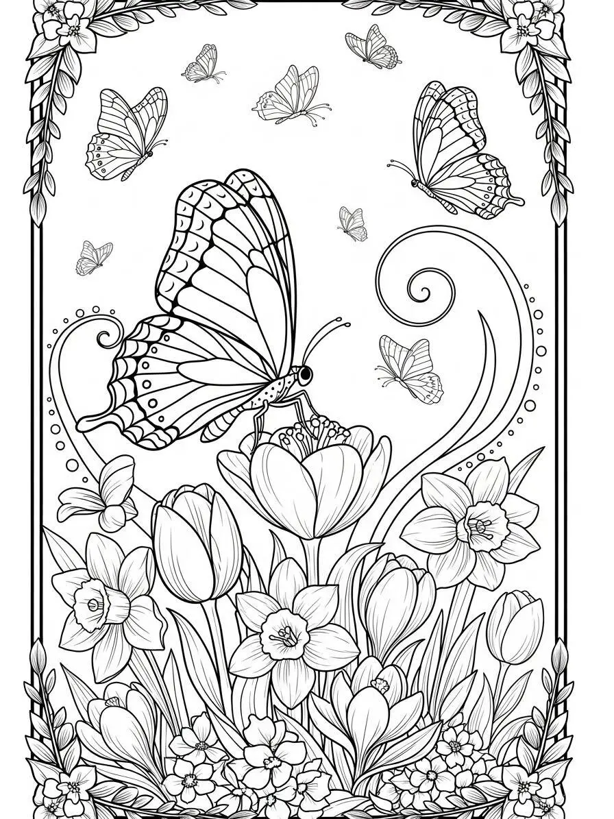 Desenho de Borboleta Colorindo Flores para Colorir
