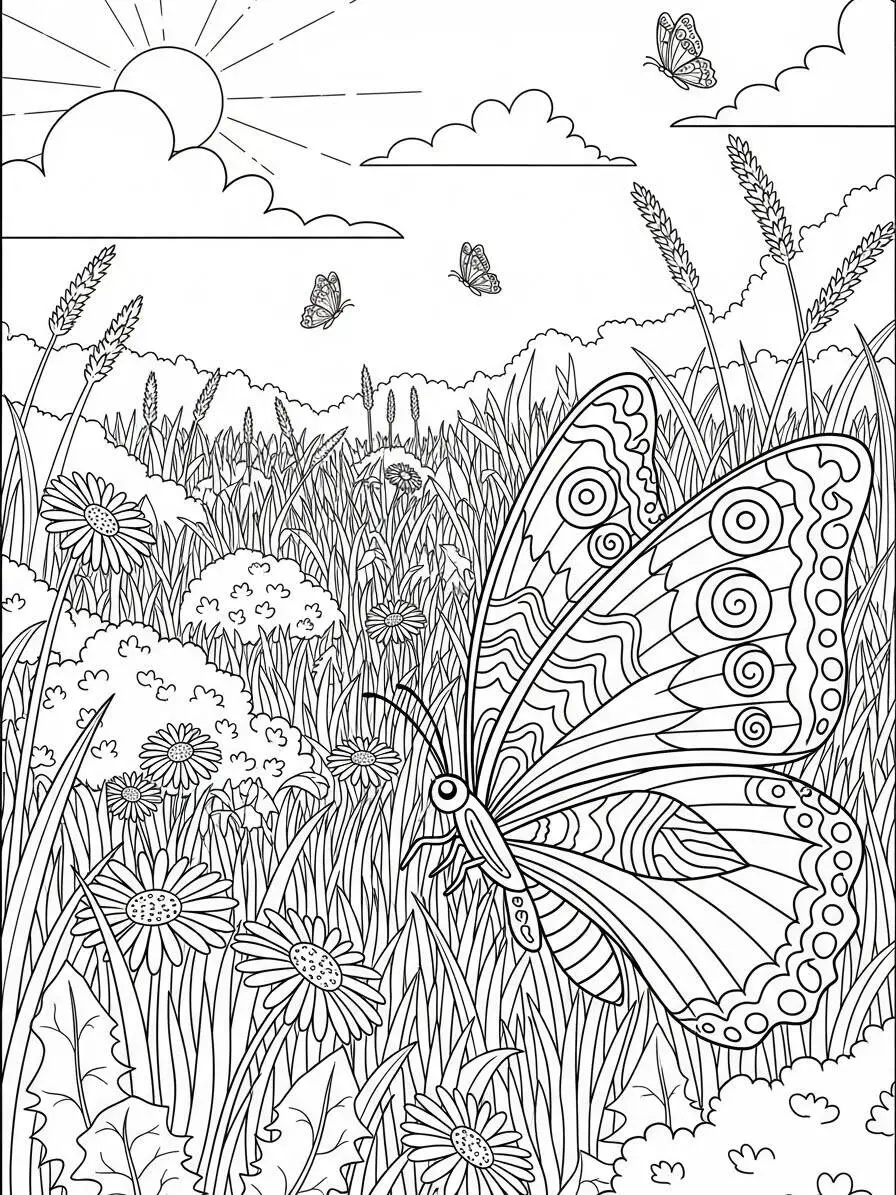 Desenho de Borboleta em um Campo Florido para Colorir