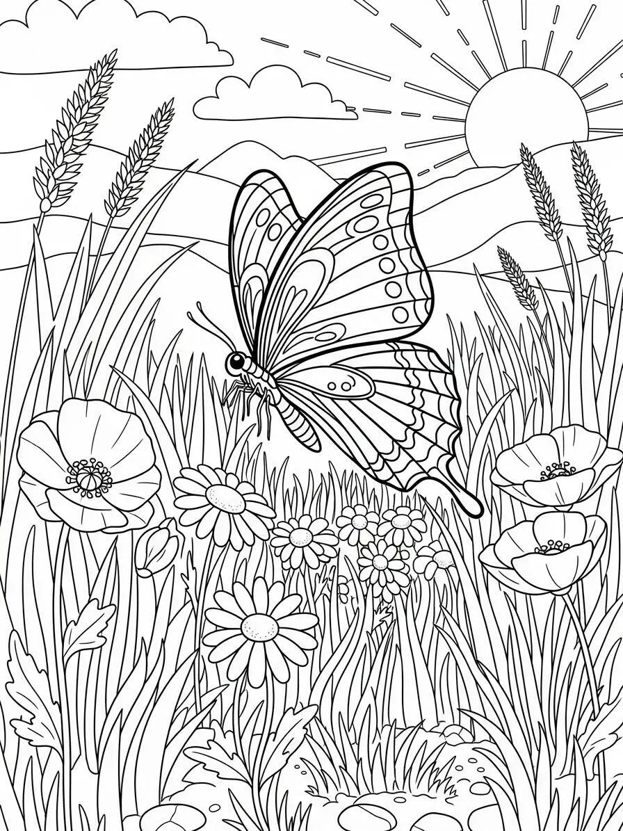 Desenho de Borboleta em um Campo Florido para Colorir