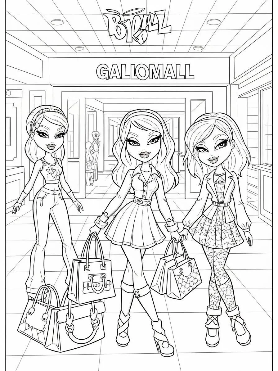 Coloriage de Bratz faisant du shopping au centre commercial
