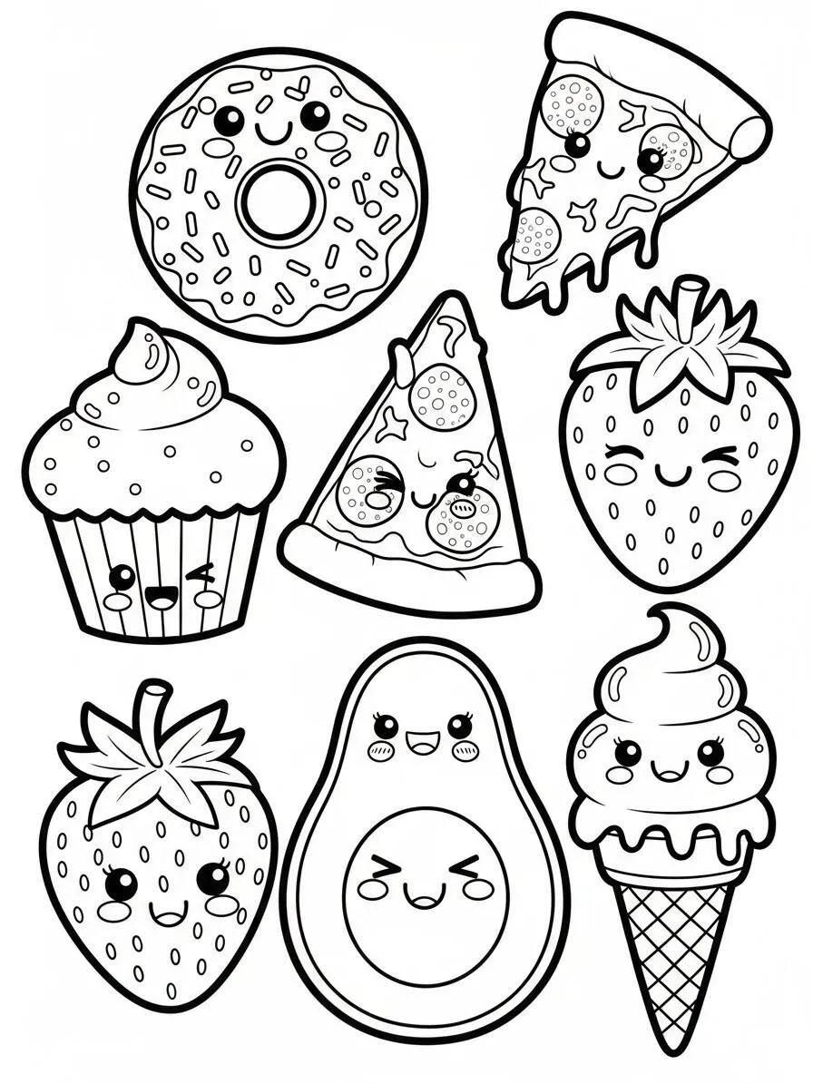 Página para colorear de comida kawaii con lindos dulces y frutas