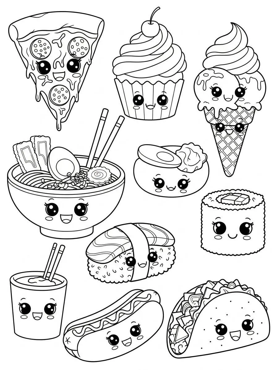 Desenho de Comidas Kawaii para Colorir com Pizza, Sushi e Sorvete