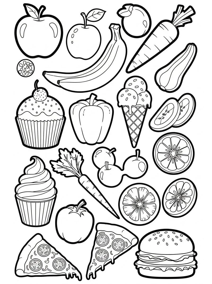 Varias páginas para colorear de alimentos