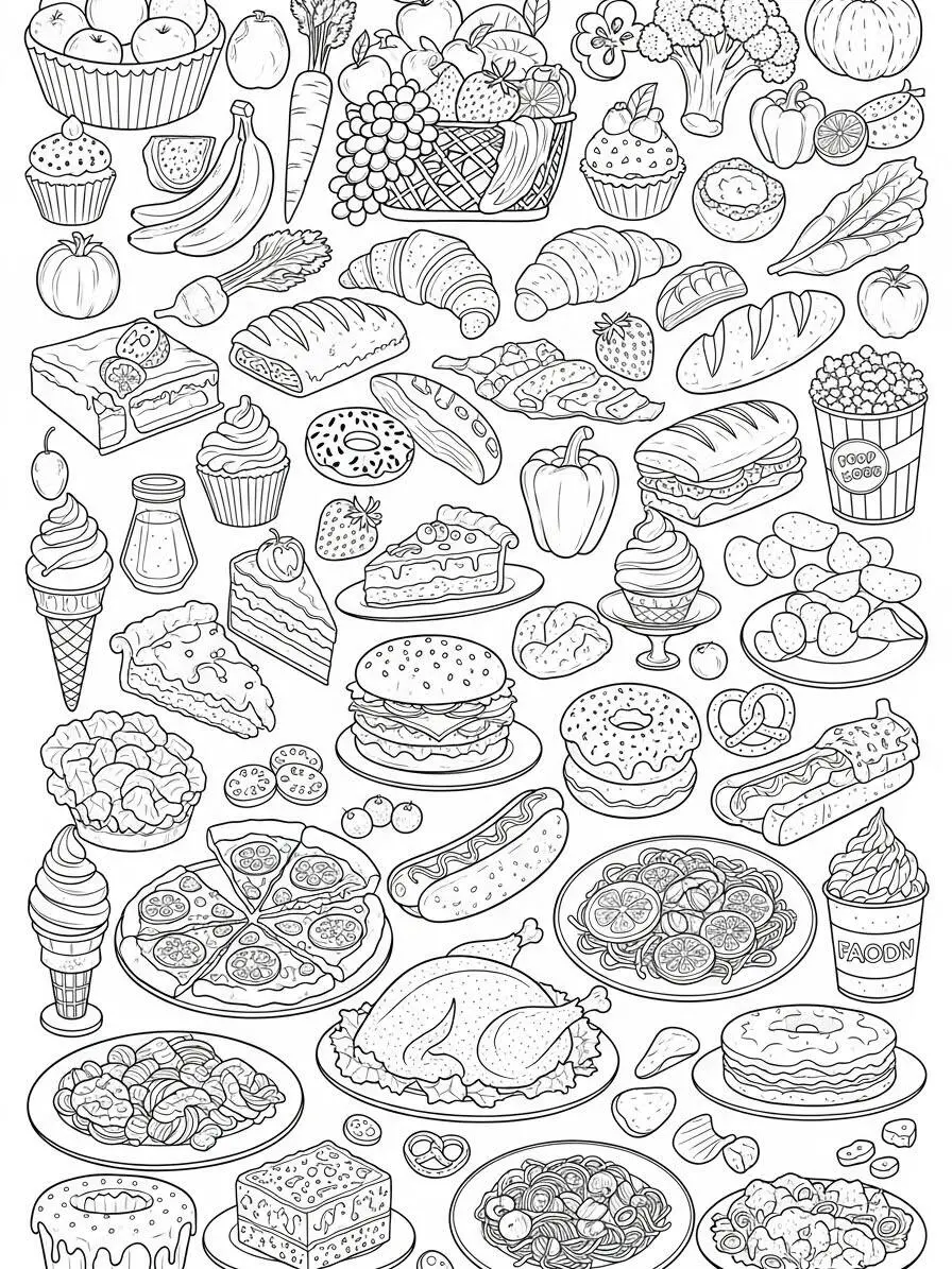 Página para colorear de alimentos variados