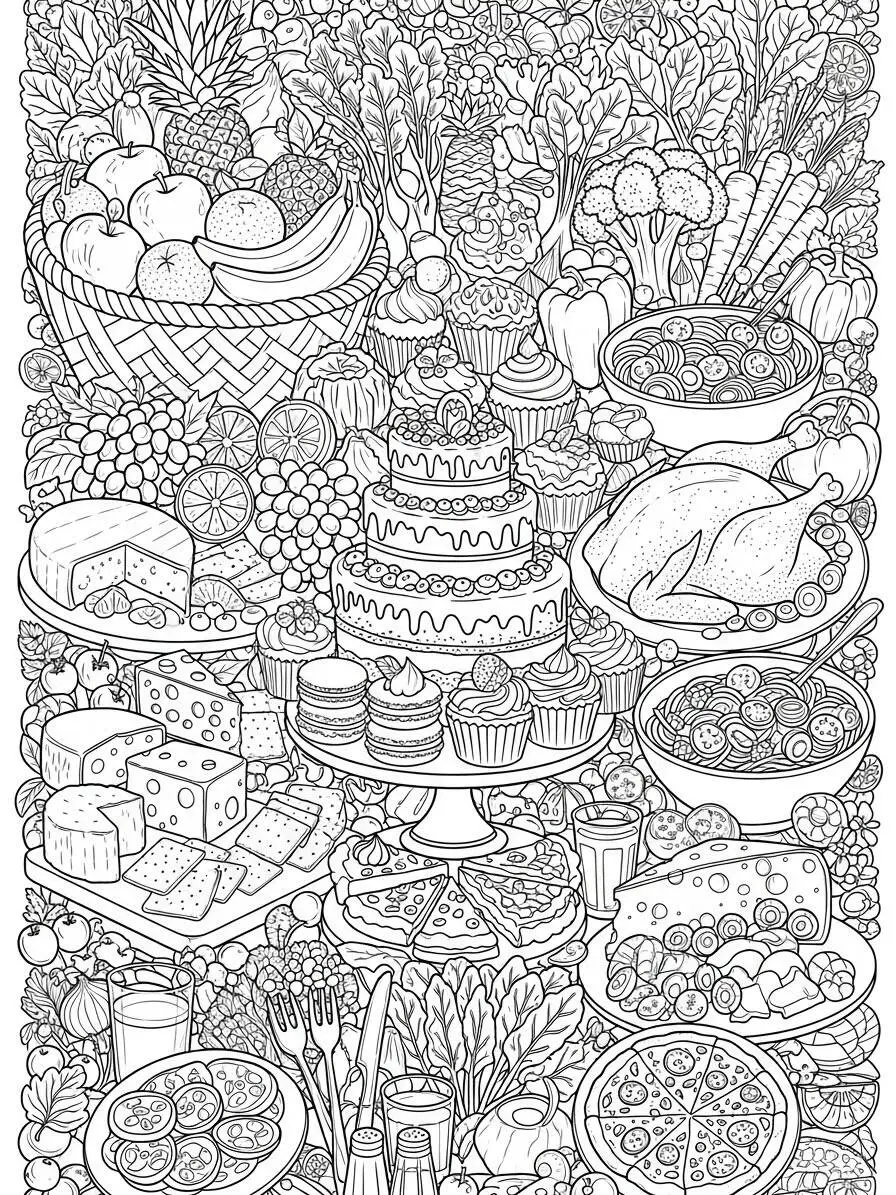 Desenho de Comidas Variadas para Colorir