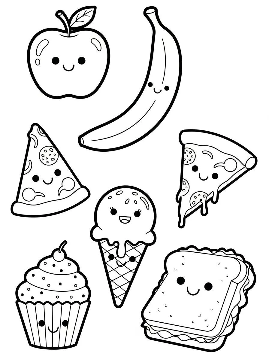 Desenho de Comidas Kawaii para Colorir: Frutas, Pizza e Sorvete