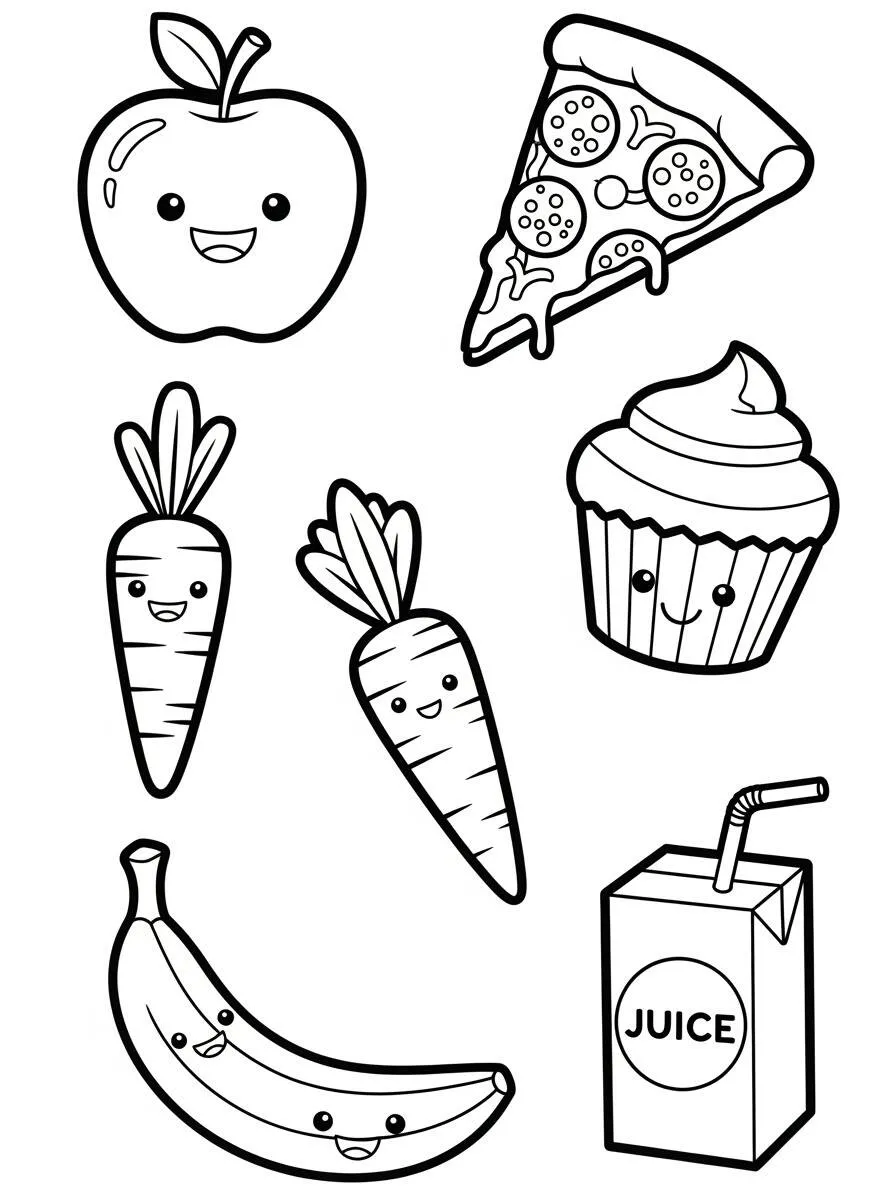 Desenho de Comidas Kawaii para Colorir: Frutas, Pizza e Guloseimas