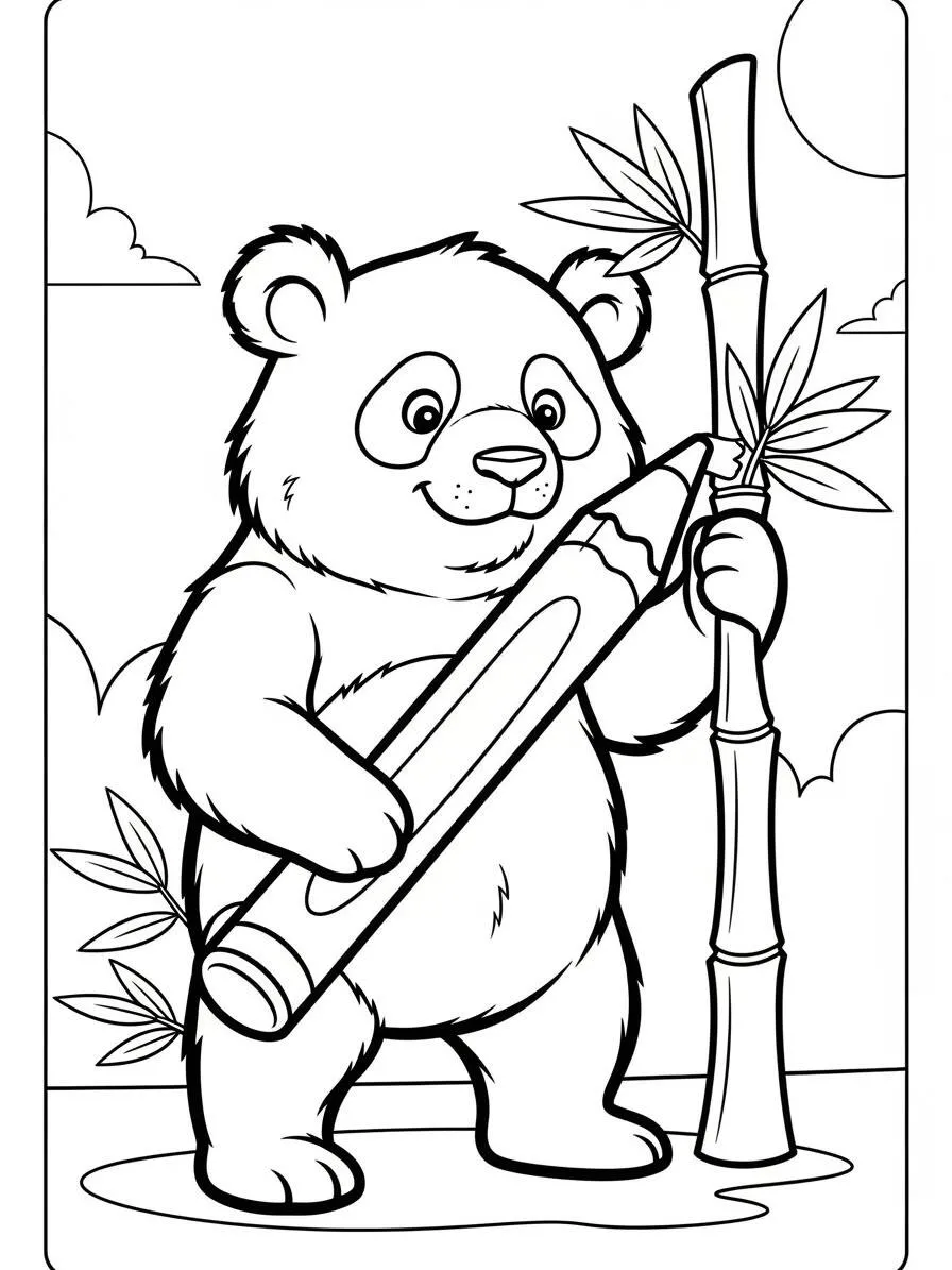 Desenho de Panda Fofo Colorindo Bambu para Colorir