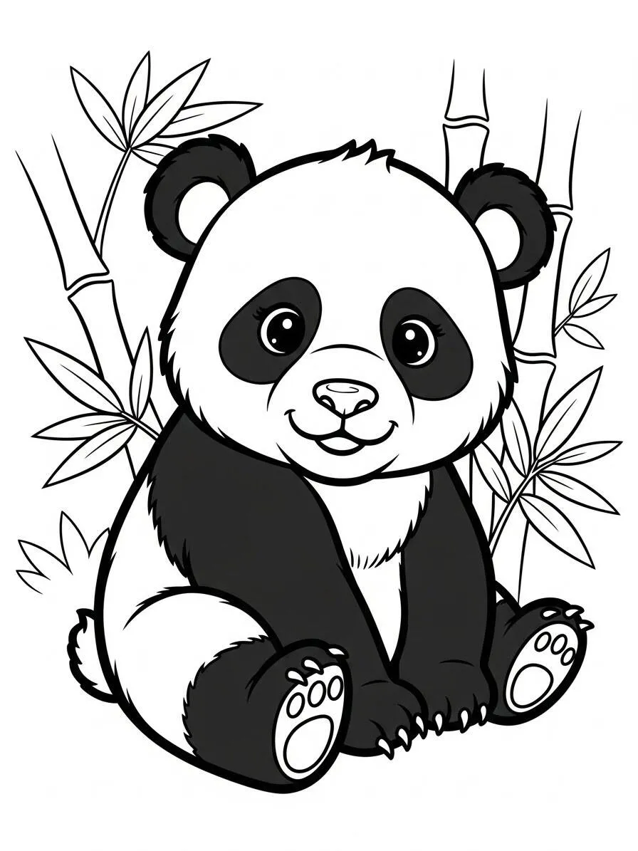 Desenho de Panda Fofo sentado entre Bambu para Colorir
