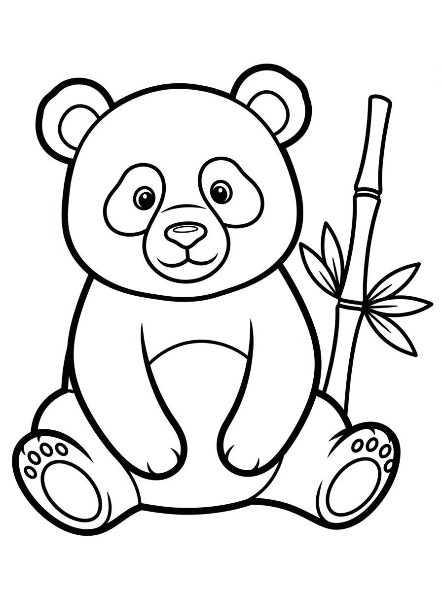 Desenho de Panda Fofo sentado com Bambu para Colorir