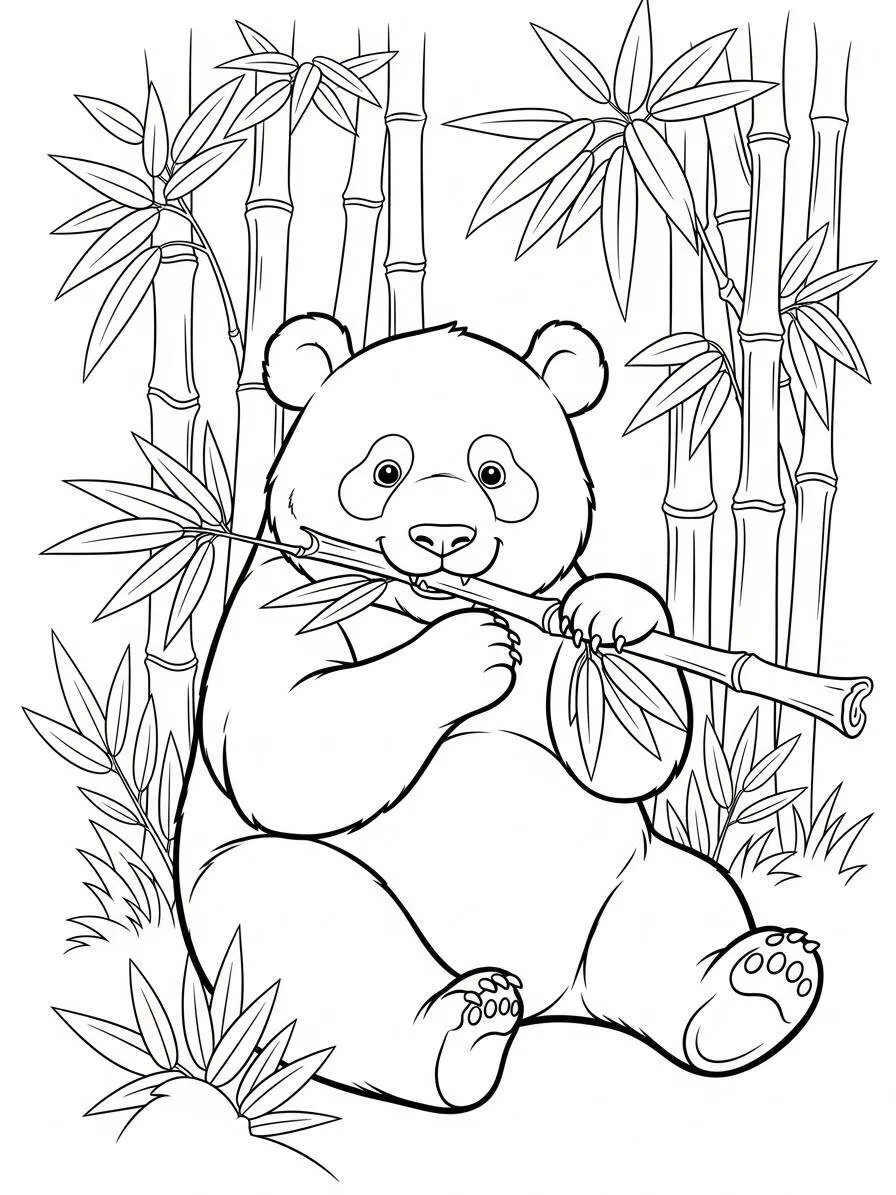 Desenho de Panda Fofo comendo Bambu para Colorir