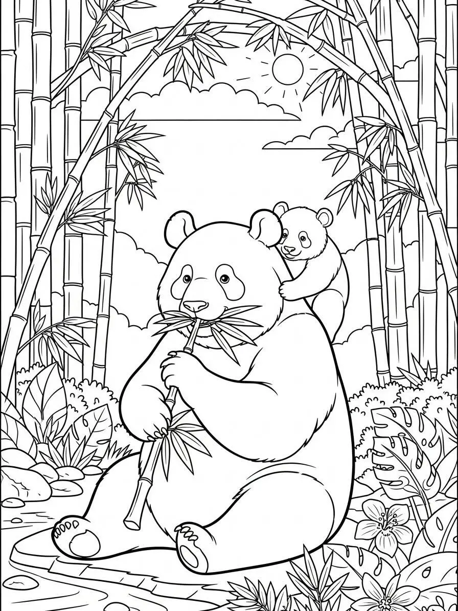 Dibujo de Panda con cachorro comiendo bambú para colorear