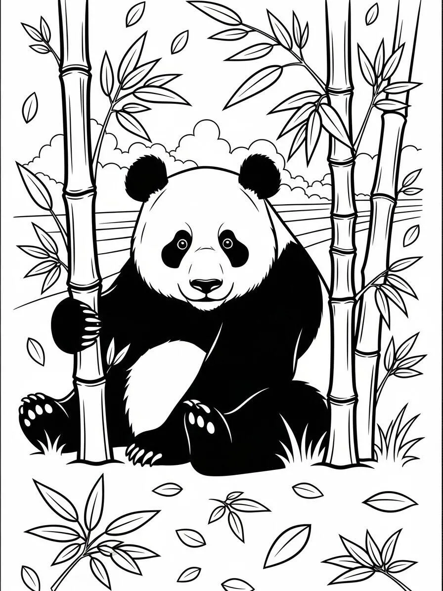 Lindo Panda Entre Bambú Dibujo para colorear