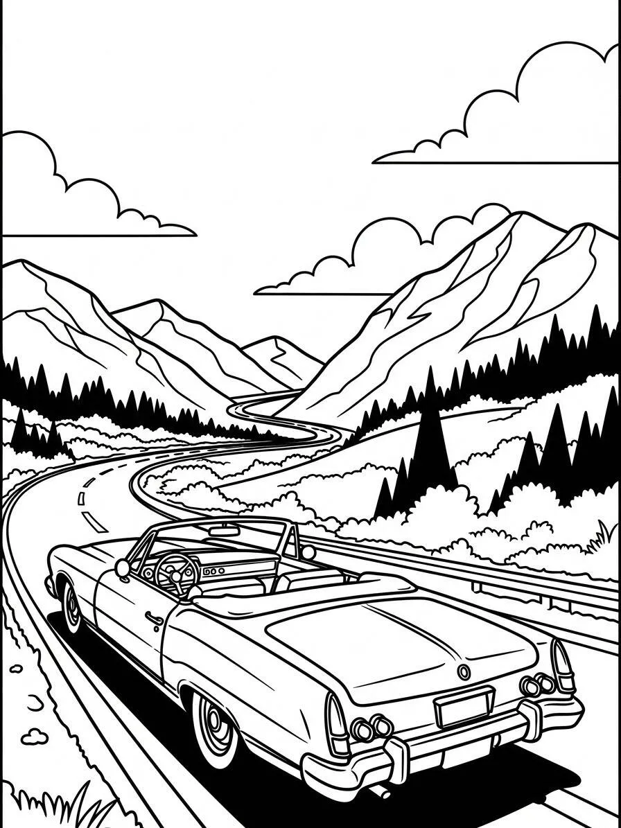 Desenho de Carro Conversível na Estrada para Colorir