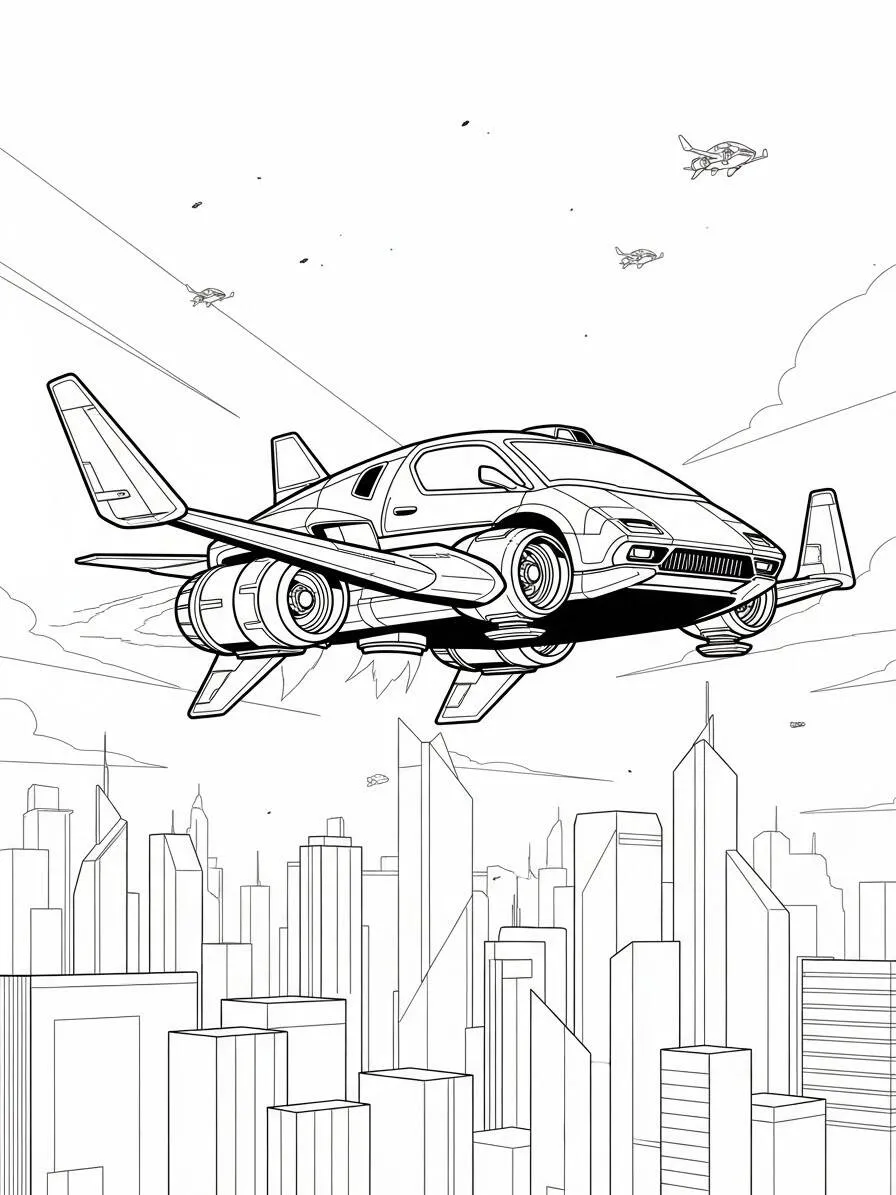 Dibujo para colorear de coche volador futurista