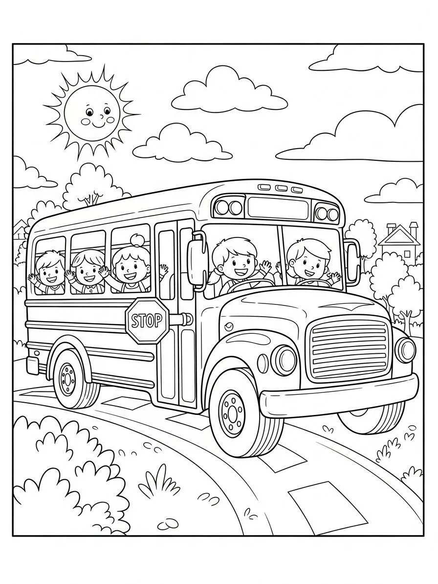Dibujo para colorear divertida del autobús escolar