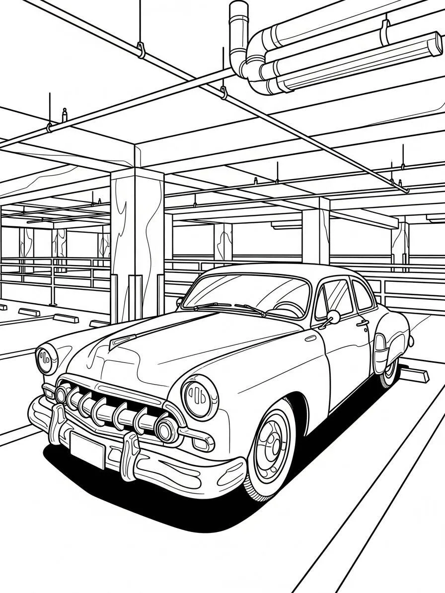 Coche clásico en el garaje Página para colorear