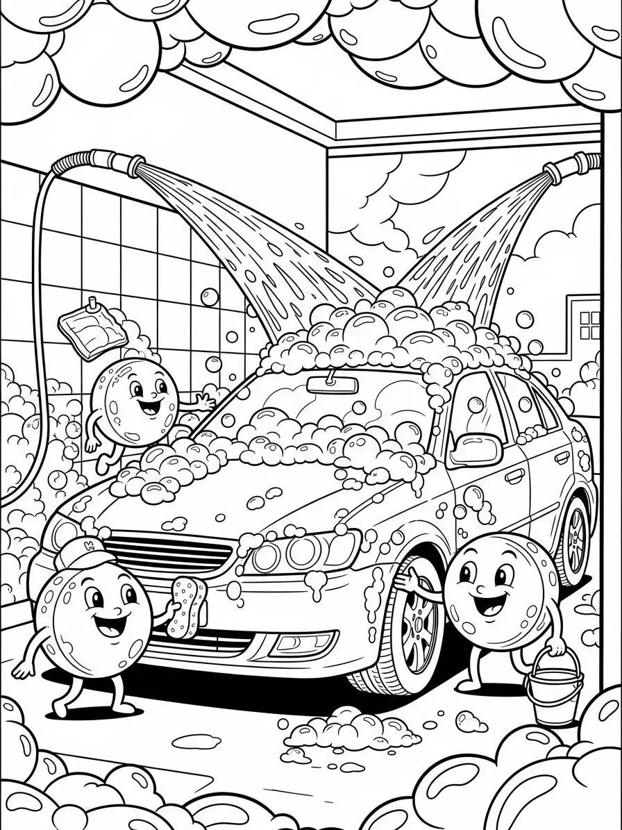 Lavado de coches con amigos divertidos Página para colorear