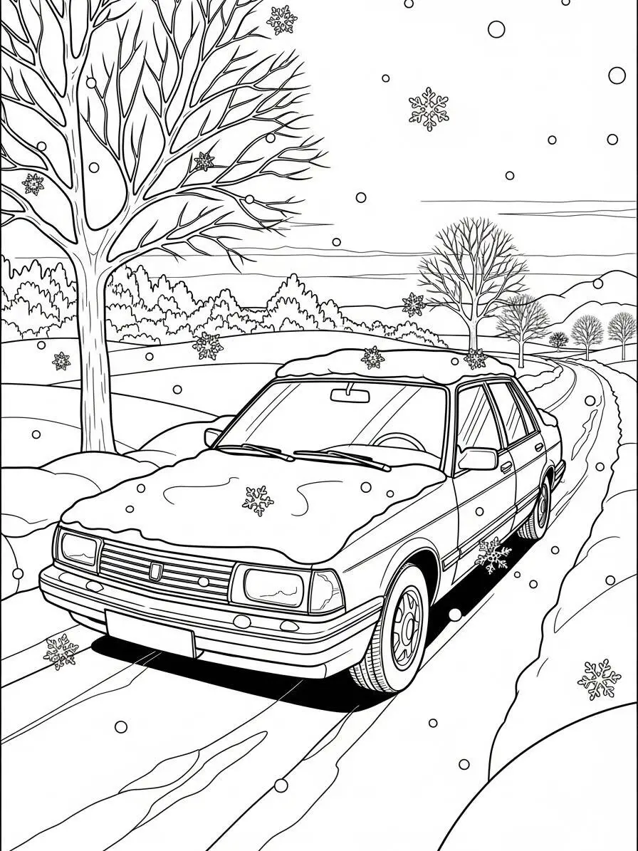 Desenho de Carro Clássico na Neve para Colorir