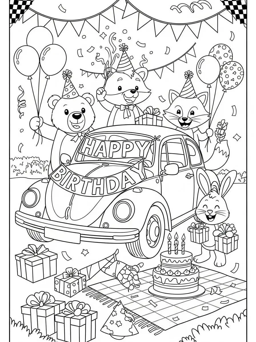 Desenho de Fusca com Animais para Colorir em Festa de Aniversário