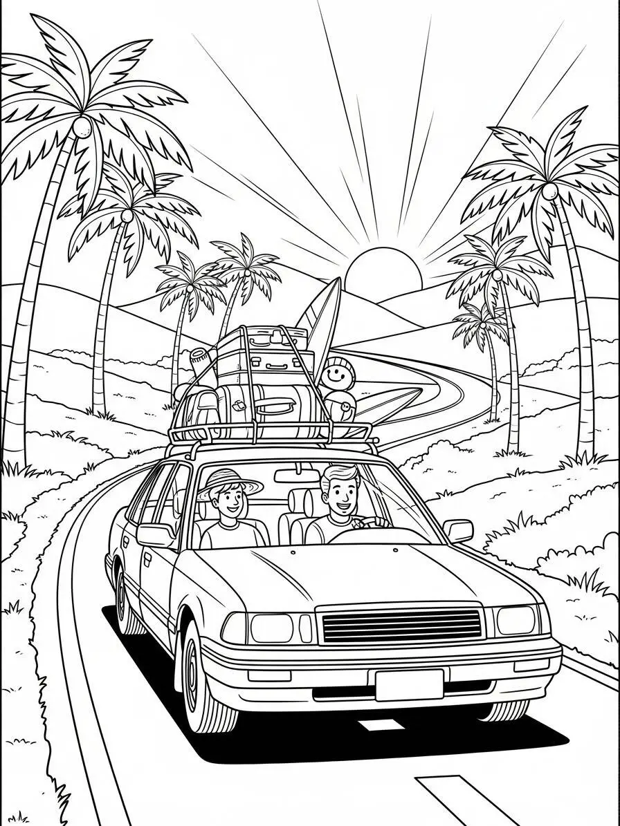 Coche familiar en la carretera Página para colorear
