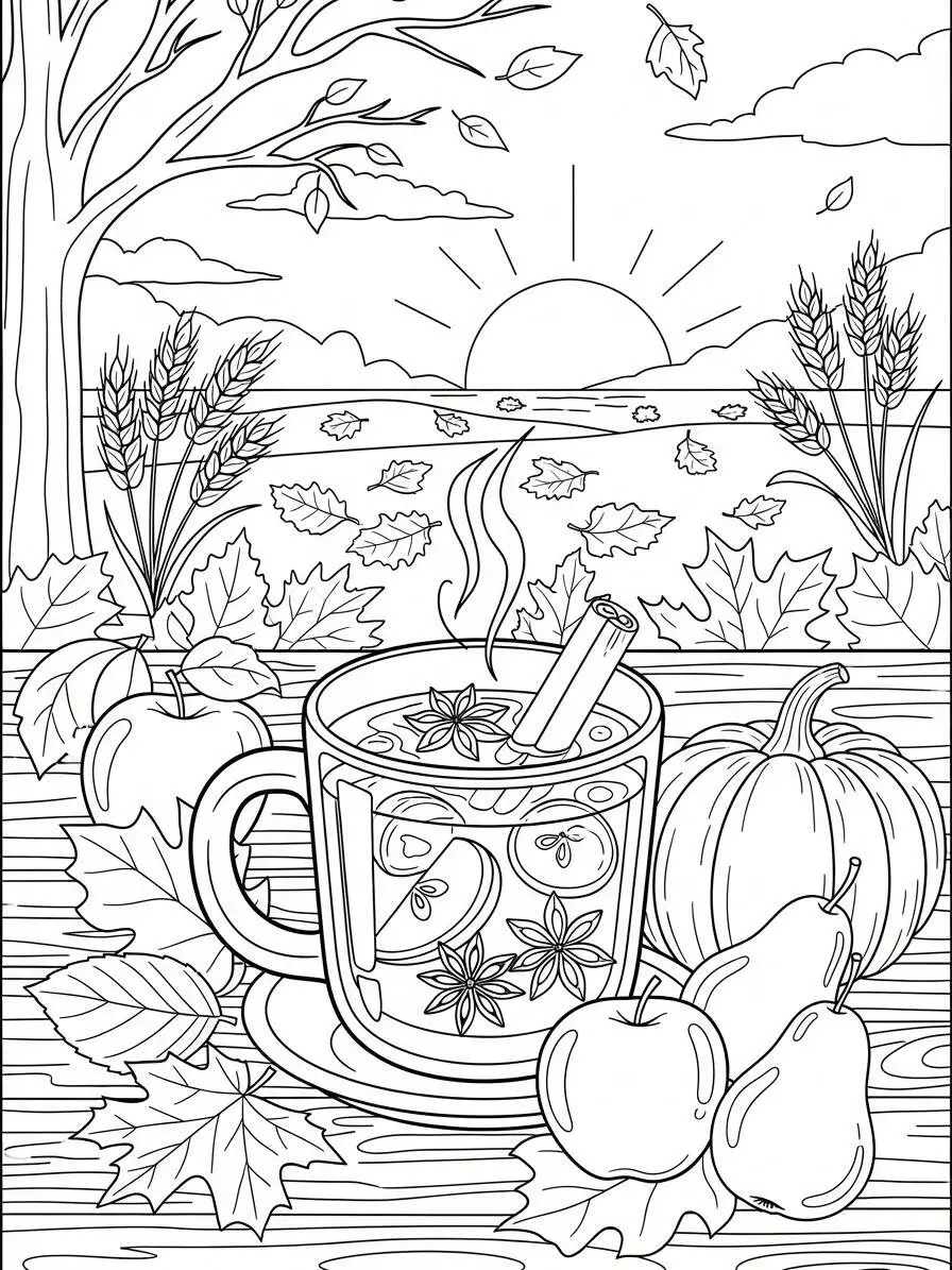 Desenho de Maçãs e Bebida Quente para Colorir